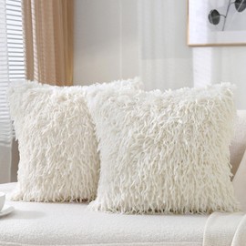 THRILIO Pillow Covers 18x18 Faux Fur：Boho White Throw Pillow Covers Set of 2 Fluffy Square Fall Pillowcover for Couch Sofa Living Room (2 Pack, White)