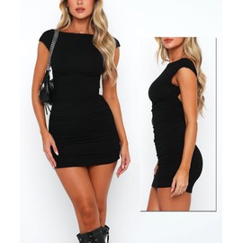 Coloquin Women Backless Bodycon Mini Dress Boat Neck Open Back Ruched Dress Club Party Going Out Dresses Black M