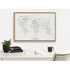 Kate and Laurel Sylvie World Map Sketch Framed Linen Textured Canvas Wall Art by Teju Reval of SnazzyHues, 23x33 Natural, Decorative Map Art for Wall
