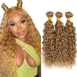 28 28 28 Inch Raivide Hair Color #27 Bundles Honey Blonde Water Wave Human Hair Bundles Color #27 Wet and Wavy Bundles Human Hair Peruvian Honey Blonde Bundles