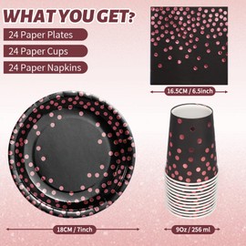 PYAILI Party Geschirr 72 Stück Schwarz Rose Gold Kinder Geburtstag Mädchen Party Dekoration Zubehör Set Papier Geschirr Set-24 Guests