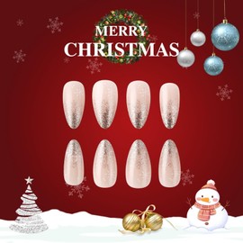 Christmas Press on Nails Medium Oval French Tip Pink With White Snowflake Winter Glitter Glossy Full Cover Glue on Xmas Acrylic for Women Girls 24 Pcs