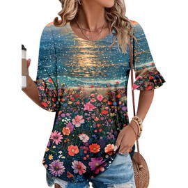 onlypuff Womens 3/4 Sleeve Tunic Tops for Leggings Summer Round Neck Blouse Shirts XL