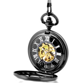 Infinite U Lucky 6 Leaf Clover Roman Numerals Hollow Skeleton Mechanical Pocket Watch Black
