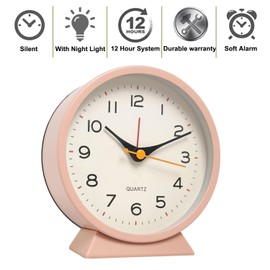 SHISEDECO 4.5" Battery Operated Antique Retro Analog Alarm Clock, Small Silent Bedside Desk Metal Clock with Light Function, Non-Ticking Clock Decor for Living Room,Bedroom,Bedside,Shelf (Pink)
