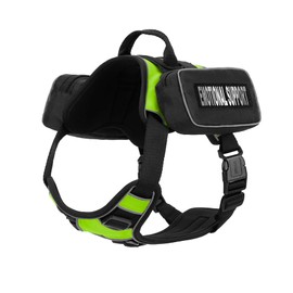 Dogline Quest No-Pull Dog Harness with Saddle Bag and Emotional Support Reflective Removable Patches Comfortable Dog Vest with Quick Release Dual Buckles Black Hardware and Handle 25 to 31 in Green