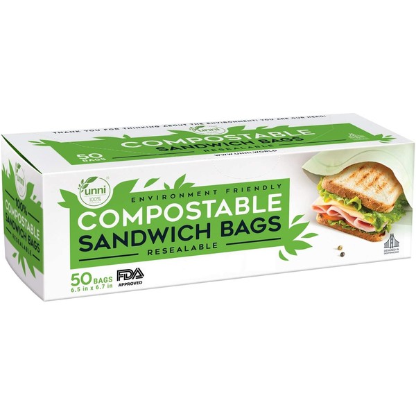 UNNI 100% Compostable Sandwich Bags, Resealable Compostable Food Storage Bags, 50 Count, 6.5 x 6.7 inches, Earth Friendly Highest ASTM D6400, US BPI and Europe OK Compost Certified, San Francisco