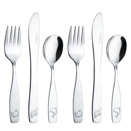 EXZACT Children's Cutlery Stainless Steel 6pcs, Kids Silverware Toddler, Dishwasher Safe, Engraved Ocean Creatures Dolphin, Turtle, Whale