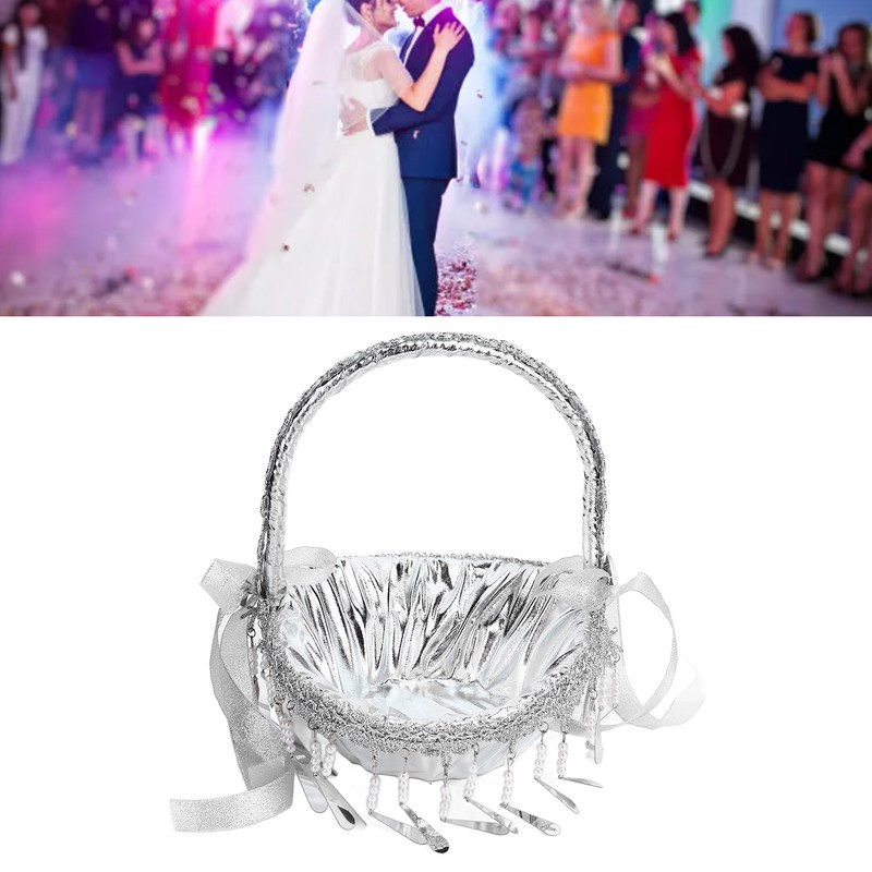 Wedding Flower Girl Basket Silver Hand Flower Basket Romantic Rhinestone
