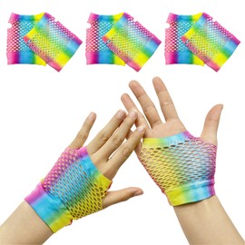 SAIIURV 3 Paar Bunte Fingerlose Handschuhe für Damen Mädchen, Gothic und Rock Stil Fischnetz Regenbogen Netzhandschuhe Neon Fingerlose Retro 80er Kostüme Accessoires für Party Karneval Cosplay