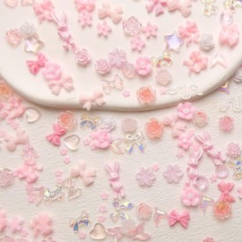 100 Pcs 3D Nail Charms Pink Nail Charms Flower Nail Art Charms Mixed Shape Rose Bow Rabbit Bear Design Nail Charms for Acrylic Nails Accessories DIY Nail Supplies Manicure Tips Decoration