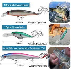 28pcs Large Hard Bait Fishing Lures Kit Trout Plugs Fishing Bait Minnow Crankbait Fishing Lures Jerkbait with Treble Hooks for Trout Bass Walleye Saltwater Freshwater