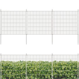 ShopLaLa Decorative Garden Fence (10 Panels), 28in(L) x 32in(H) Animal Barrier Fencing Rustproof White Metal Wire Flower Edging for Yard Landscape, Small Dog Fences No Dig Border Patio Decor D-YC32