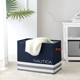 Nautica - Laundry Basket, Foldable Hamper & Storage Bin, Closet Organizers, Home Essentials (Navy Stripe)