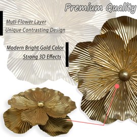 Metal Flower Wall Art Decor, 9" Rustic Modern Floral Sculpture, Distressed Iron Wall Hanging Home Decoration Accent Artworks for Indoor Kitchen Bedroom Living Office Outdoor Garden Patio (35A-Gold)