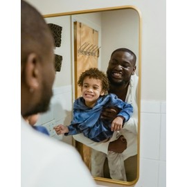 FEUKNY 22x30 Gold Metal Framed Bathroom Mirror, Rounded Rectangle Vanity Mirror, Anti-Rust, 4MM Tempered Glass Wall Mirror Bathroom, Entryway, Farmhouse, Horizontally or Vertically