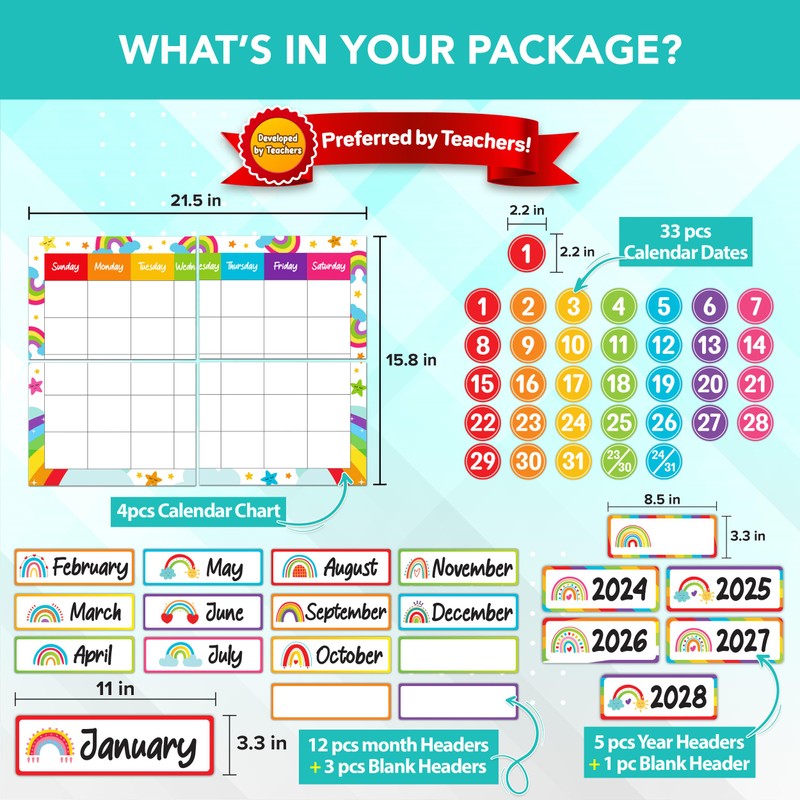 Decorably 147 Pcs Cutouts Rainbow Vibrant Class Calendar Bulletin Board