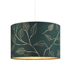 Modern Forest Green Cotton Fabric Drum Lamp Shade with Gold Foil Floral Design | Inner Champagne Faux Silk Satin Fabric Lining | 30cm x 20cm by Happy Homewares