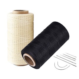 2pcs Crafts 0.8mm 150D Leather Sewing Hand Stitching Jewelry Craft Waxed Thread String Cord with 1 Set (7pcs) Curved Upholstery Sewing Needles (Beige+Black)