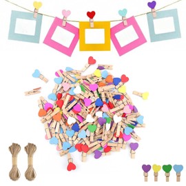 DEANKEJI Photo Clips, Pack of 130, Wooden Photo Clips, Colour Hearts, Small Clips for Hanging Photos, Small Wooden Clips, with String, Mini Clip for Birthday Cards, Photos, Postcards