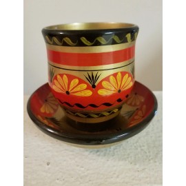 Vintage Khokhloma Tea set of Plate/Bowl & Cup Hand Painted Russian Wooden