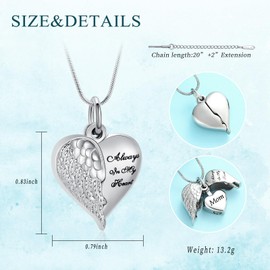 mingkejw Cremation Jewelry Angel Wing Heart Urn Necklace for Ashes for Women Men Memorial Keepsake Human Pet Ashes Pendant,Mom
