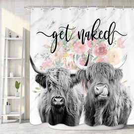 Romantic Angels Highland Cow Shower Curtain 60 * 72 Inch Western Shower Curtains Farmhouse Country Rustic Shower Curtain Sets Funny Cute Get Naked Highland Cow Bathroom Decor (Flower)