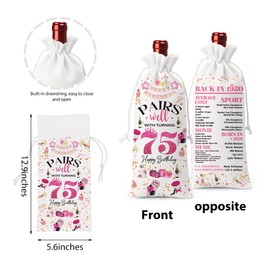 75th Birthday Gifts for Women Men Wine Bag, Birthday Gifts for 75 Year Old Man, Happy 75th Birthday Party Decorations Women for Men, Pairs Well with Turning 75 Wine Bags (White Pink)