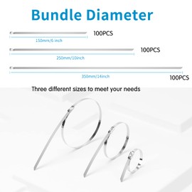 Armpow 300pcs 150mm+250mm+350mm Metal Cable Zip Ties 300 lbs Tensile Strength 304 Stainless Steel Multi-Purpose Heavy Duty Self-Locking Cable Ties for Exhaust Wrap, Indoor and Outdoor