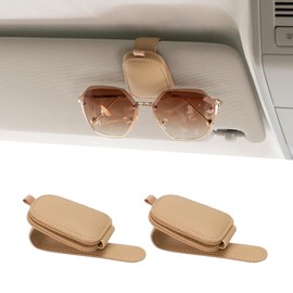 Yuoyar 2 Packs Sunglasses Holders for Car Visor - Magnetic Leather Sunglasses Holder and Ticket Card Clip - Car Visor Accessories (Beige)