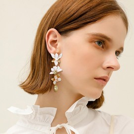 BriLove Flower Earrings for Women, Fashion Marquise Cubic Zirconia Rhinestone Enamel Long Floral Earrigns Mothers Day Birthday Jewelry Gifts Clear Gold-Tone