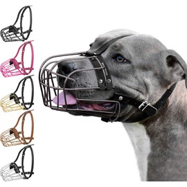 BRONZEDOG Pitbull Dog Muzzle Metal Mask Amstaff Wire Basket Pit Bull Adjustable Leather Straps for Large Dogs (Graphite Metal)
