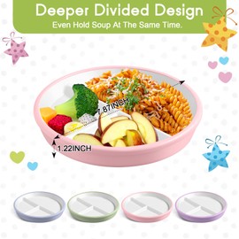 Domensi 4 Pcs 8" Large Porcelain Kids Plates with Anti-slip Silicone Sleeve Ceramic Divided Plate with Suction for Toddler Eating Microwave Dishwasher Friendly (Blue,Green,Purple,Pink)