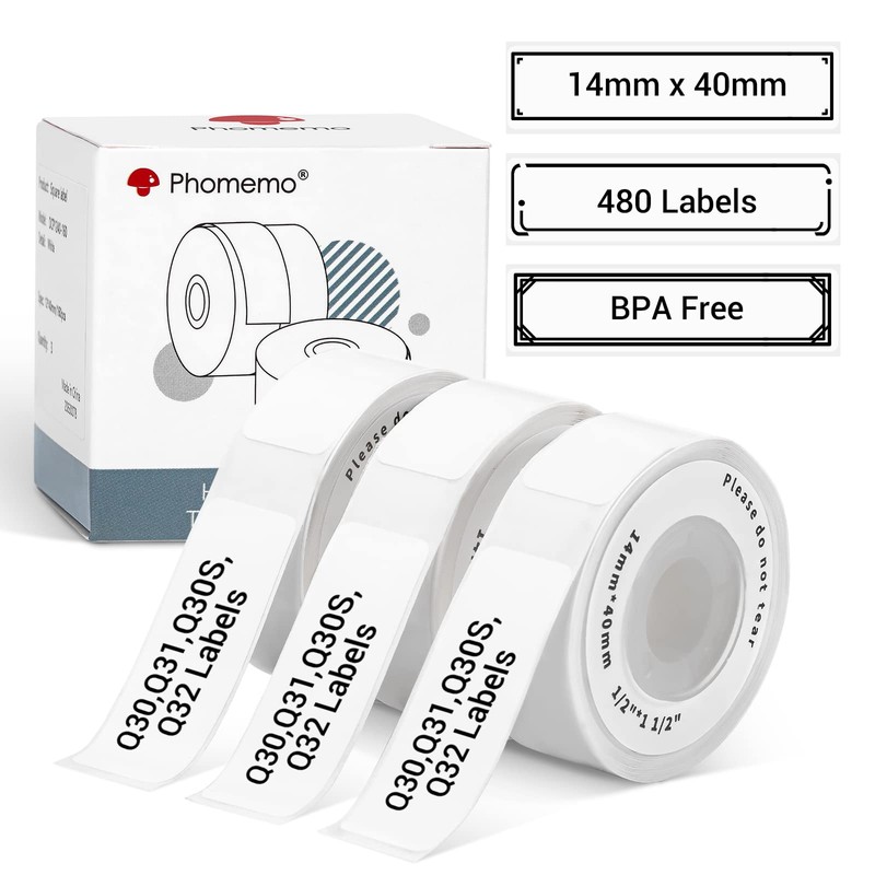 Phomemo White Labels for D30/Q30/Q31/Q30S Mini Label Printers, Compatible with