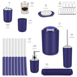 IMAVO Blue Bathroom Set,22Pcs Bathroom Accessories Set with Shower Curtain,Trash Can,Tray,Soap Dispenser,Soap Dish,Toothbrush Holder,Toothbrush Cup,Toilet Brush Holder and Qtip Holders