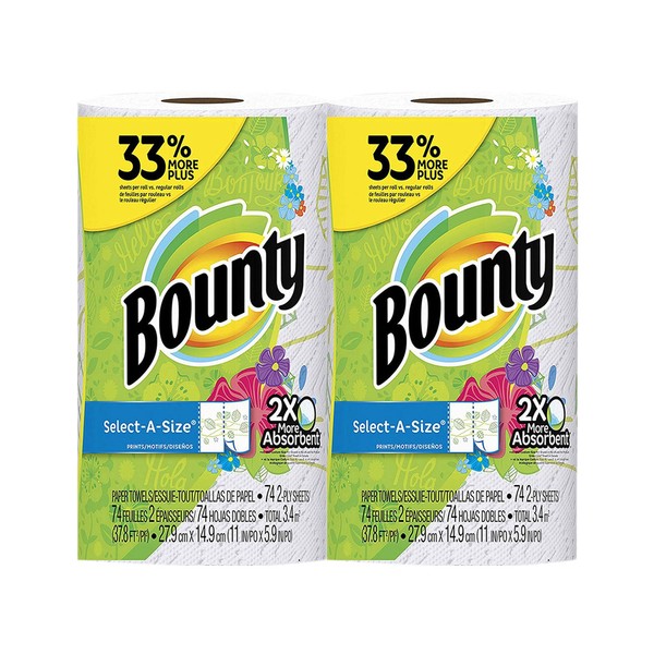 Bounty Select-A-Size, 2 toallas de papel de 2 capas más absorbentes, 74 hojas, rollo grande, 2 unidades