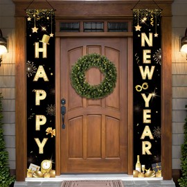 Happy New Year Door Banner 2025, Extra Large Fabric Happy New Years Porch Sign Couplets for Decorations, 72 x 12 Inch Black Gold Fireworks Backdrop for New Year's Eve Party Accessories Supplies