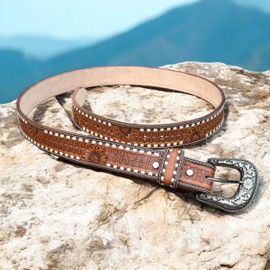 DANIEL'S ARTPLANET Western Leather Belt for Men Full Grain Leather Cowboy Belt with Buckle Engraved Tooled 1.5” Wide Handmade (Fits size 30 or 32 jeans)