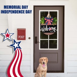 4th of July Hanging Door Sign - Patriotic Wooden Welcome Wreath for Front Door, Memorial Day & Independence Day Decorations - Round Outdoor Door Hanger for Porch, Wall, Window (Color-Welcome)