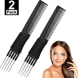 2 Pack Black Carbon Lift Teasing Combs with Metal Prong,Black Carbon Comb with Stainless Steel Lift for Hair Salon or Home Supplies (Style C)