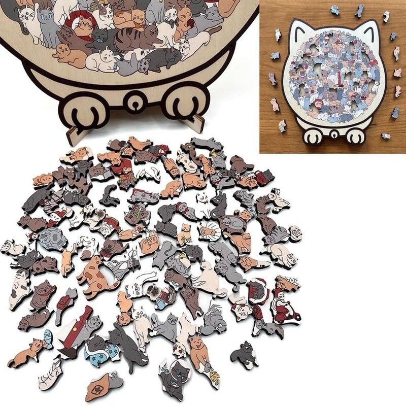 Cat Shape Wooden Puzzle, Cat Outline Frame with Acrylic Cover,