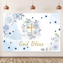 7x5ft God Bless Backdrop Blue Flowers Gold Cross Photography Background
