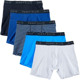Perry Ellis Men's Cotton Stretch Boxer Briefs, Tagless, No Roll Waistband, 5 Pack, Ocean Navy/Cloud Grey/Ocean Blue/Blue Stripe/Midnight Black