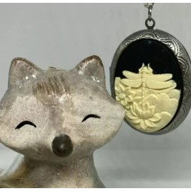 Fancy Fox Boutique Dragonfly Picture Memorial Large Engraved Antique Silver Locket Necklace Photo