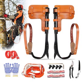 MYCGJH Upgrade Cow Leather Tree Climbing Spikes Set with Harness Belt, Scissors & Saw, Adjustable Tree Climbing Gear Pole Climbing Spurs Tool Tree Climbing Spikes for Outdoor Activities