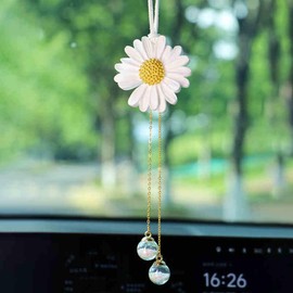 Daisy Car Hanging Ornaments for Women Girls Cute Sunflower Car Rear View Mirror Hanging Charms Automotive Interior Aesthetic Decoration Accessories Gift (White)