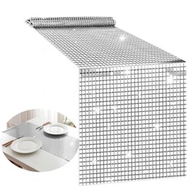 12 x 108 Inches Disco Party Table Runners, Silver Glitter Disco Table Runner Cover Decoration Silver Sparkle Sequin Tablecloth for 80s Disco Dance Party Bachelorette Supplies Dance Wedding Decor.