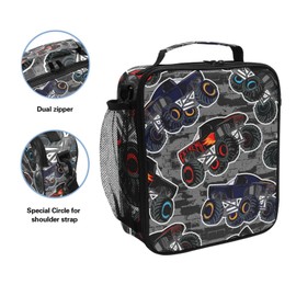 litebear Kids Lunch Box Boys Girls Insulated Lunch Cooler Bag Cool Monster Truck Black Reusable Lunch Tote Kit for School Travel