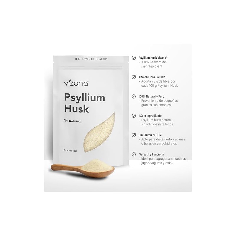 VIZANA NUTRITION | Psyllium Husk Natural, 600g Sin Azucar, Cáscara