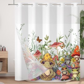 Velaequezii No Hook Shower Curtain with Snap in Liner Set Jungle Frog Mushroom Bath Curtain Double Layers Waterproof Washable Fabric with See Through Mesh Top Window for Bathroom Hotel 71x83 Inch